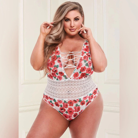 BACI Queen Plus White Mesh Pink Floral and Lace Tie-Up Teddy Lingerie NWT - Picture 11 of 11